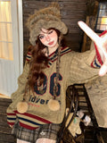 Brown V-neck Letter Print Oversize Sweater- Outfit
