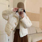 Sweet Wood Button Short Down Jacket Female 2024 Winter New Stand Collar Small Warm White Duck Down Bread Coat-Outfit