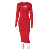 Hollow Out Corset Women Fashion Autumn Winter Long Sleeve Bodycon Party Club Red Pencil Sexy Midi Dress 2021
