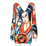 Women Fashion Long Sleeve V Neck Printed Bodycon Mini Dress 2022 Spring Autumn Clothes Wholesale Items