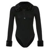 Black Furry Collar Autumn Knitted Bodysuit Women Elegant Chic Long Sleeve Bodycon Short Jumpsuit Ladies Casual