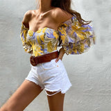 Floral Print Strapless Chiffon Shirt Fashion Women Off Shoulder Halter Sexy Blouse Shirt Summer Backeless Tops