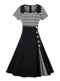 Striped Vintage Summer Flare Tunic Dress High Waist Buttons Short Sleeve Women Clothing Patchwork 60s Rockabilly