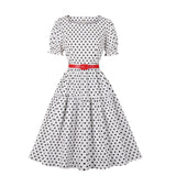 A Line Swing Party Dress With Belt Short Sleeve Polka Dot White Sundress Kawaii Elegant Bandage 50s Rockabilly