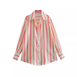 Zingj New Fashion Temperament Lapel Multi-Color Stripe Silk Satin Texture Long Sleeve Loose Shirt