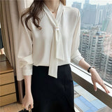 Spring New Fashion Chiffon Women Blouse Office Lady Long Sleeve Solid Women Shirts with Tie V Neck Loose Female