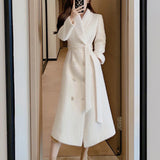 Notched Collar With Sashes Woolen Coat Women Solid Double Breasted Mid-length Overcoat Ladies High Street Wool