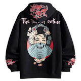 Hip Hop Hoodie Women Sweatshirt Japanese Geisha Harajuku Streetwear Embroidery Flower Hoodies Warm Pullover Couple