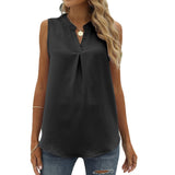 Solid Color Chiffon Leisure Shirt Loose V-neck Pullover Sleeveless Top