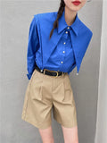 Blue Long Sleeve Designer Shirt Women Layer Collar Button Up Fashion Ladies Tops And Blouses Korean Fashion