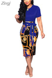Women Elegant Office Midi Dresses Ladies Bodycon Print Short Sleeve Belt O-Neck Female Fashion Sexy Work Summer Pencil