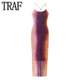 Tie Dye Tulle Long Dress Women Summer Slip Bodycon Dress 2023 Backless Sexy Summer Dresses Midi Evening Party