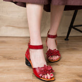 Zingj Summer Sandals National Style Leather Women's Shoes Thick Heels Fish Mouth Mother Shoes Middle-Aged Women's Shoes Soft-Soled Women's