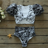 Women Puff sleeve Bikini Set 2021 Bandeau Swimwear Printed Swimsuit High Waist Bathing Suit Beachwear Biquini