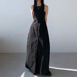 Zingj Chic Minimalist Minority Round Collar Double Pocket Fold Fold Waist Over The Knee Long Vest Dress