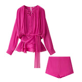 Folding Ribbon Design Loose Waist Mini Dress Shorts Set 2025 Spring And Summer Street Fashion