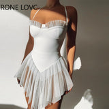 Women Sexy Solid Elegant Spaghetti Strap Mesh Patchwork Mini Bodycon Sexy Asymmetrical Dancing