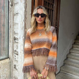 Casual O-Neck Stripe Tassel Boho Knitted Sweater Women Long Sleeve Patchworck Street Style Vintage Winter Pullover Chic
