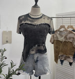 Real Shooting Of The Edge Of The Denim Splicing Tie Dye Mesh Repair Irregular Two Short-Sleeved Top T-Shirt