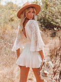 Lace Tunic Sexy Deep V Neck Button Bikini Cover-ups Women Clothes 2022 Summer Sexy Ruffles Long Sleeves Mini Dress
