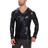 Zingj Men's Soft Lacquer Leather T-Shirt V Neck Long Sleeve Bright Leather Coat No Odor Size