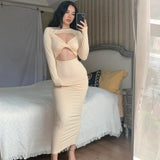Sexy Women's Dress Fashion Streetwear Hollow Out Spring Slim Long Sleeve Bodycon Long Maxi Evening Party Robe