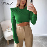 2021 O Neck Brown Long Sleeve Crop Top Women Basic Casual Autumn Winter Sexy T Shirts Black Ruched Streetwear
