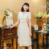 Design Elegant Vintage Dresses for Women Cotton Lace Short Sleeves V-neck Kawaii Sweet Ladies Summer Retro