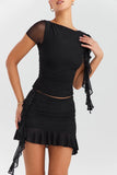 Mesh Ruffle Short Sleeve Top And Mini Skirt Set-Outfit
