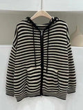 Hooded Striped Long Sleeve Knit Cardigan- Outfit