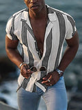 Mens Shirt Summer Streetwear Casual Short Sleeve Turn-down Collar Button Shirts Men Vintage Striped Print Cardigan