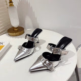 New Pointed Belt Buckle Single Heel Women's Head Silver Back High Heel Sandals