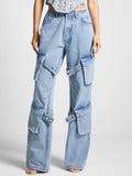 Zingj 2024 New Fashion Retro Multi-Pocket Design Sense Strap Jeans Women's Straight Tube Casual Versatile