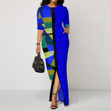 Summer New Elegant Printed Patchwork Pocket Slim Slit Long Dress Women Short Sleeve Evening Party Robe Dresses