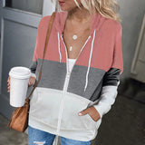 Sleeve Color Hooded Sweatshirt Women's Cotton Blend Zipper Pocket Cardigan