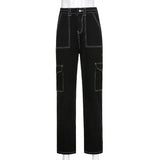 White Thread Black Cotton Jeans Women Casual Loose Straight Long Trousers Ladies Harajuku Punk Fashion Pants