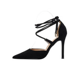 Spring And Summer Small Fresh French High Heels Black Velvet Fine Heel Sandals Tip Strap Hollow Single