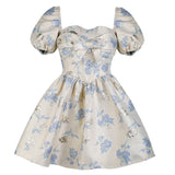 Women Blue Floral Print Holiday Princess Party Dress Elegant Ladies Puff Sleeve Square Neck Pleat Mini Dress Short
