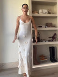 3d Flower V-neck Backless Sling Maxi Dress Women Sleeveless Slim Lace Up Dresses 2024 Elegant Lady Chic Vacation
