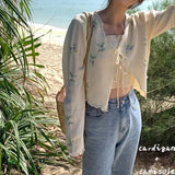 Women Korean Fashion Tops Flower Print Knitted Cardigan Suit Sweet Embroidery Vintage Sweater Beach Long Sleeve