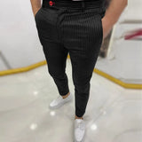 Spring Autumn Mid Waist Skinny Long Pants Business Casual Men's Slim Trousers Fashion Striped Printing Pencil Pants For