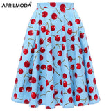 Summer High Waist Swing Skirts Womens Cotton Cherry Print Floral Swing Pin-up 50s Retro Vintage Skirts School Jupe