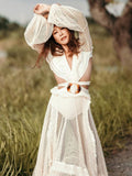 Deep V-neck Cut Out Long Sleeve Maxi Dress Long White Lace Tunic Party Women Clothes 2022 Summer Beach Dress
