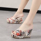 Size Women's Shoes A Word New Round Head Casual Flowers Thick Bottom Fish Mouth Slope Outside Wearing Cool Slippers