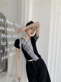 Tie Dye Patchwork Tops Women 2021 Crewneck Tshirt Asymmetrical Crop Top Summer T Shirt Short Sleeve Tees Black