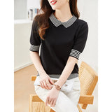 Photo Doll Collar Jacket Female Summer Ice Silk Short-Sleeve T-Shirt False Two Striped Knit Half Sleeve Small