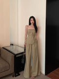 Grade Hot Girls Suit Women's Pleated Waist Wrap Strapless Top Casual Sweeping Wide Leg Pants Two-piece Set Female