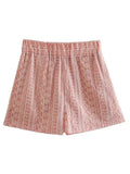 Pink Shorts Set Woman 2 Pieces Summer Embroidery High Waist Bermuda Shorts And Top Set Vacation Outfits For Women 2025 211-1-Outfit