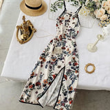 2021 Vintage Women Cheongsam Dresses Summer Spaghetti Strap Printed Floral Slim Sexy Split
