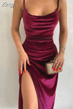 Spring 2023 Sexy Straps Slit Velvet Midi Dress for Women Sleeveless Backless Club Night Party Draped Dresses